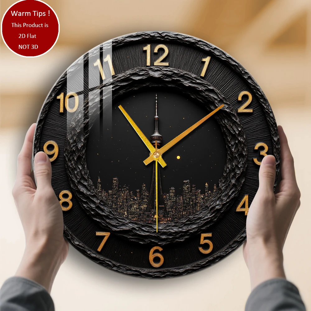 

Настенные часы из закаленного стекла, башня, ночной городской пейзаж, подходят для настенного декора или настольного дисплея в любом месте