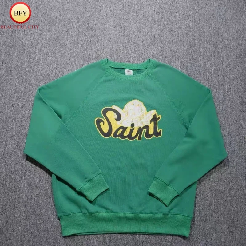 SAINT Angel Cracked Vintage Sweatshirt Mens Womens Best Quality Winter Round Neck Washed Green Sweatshirt