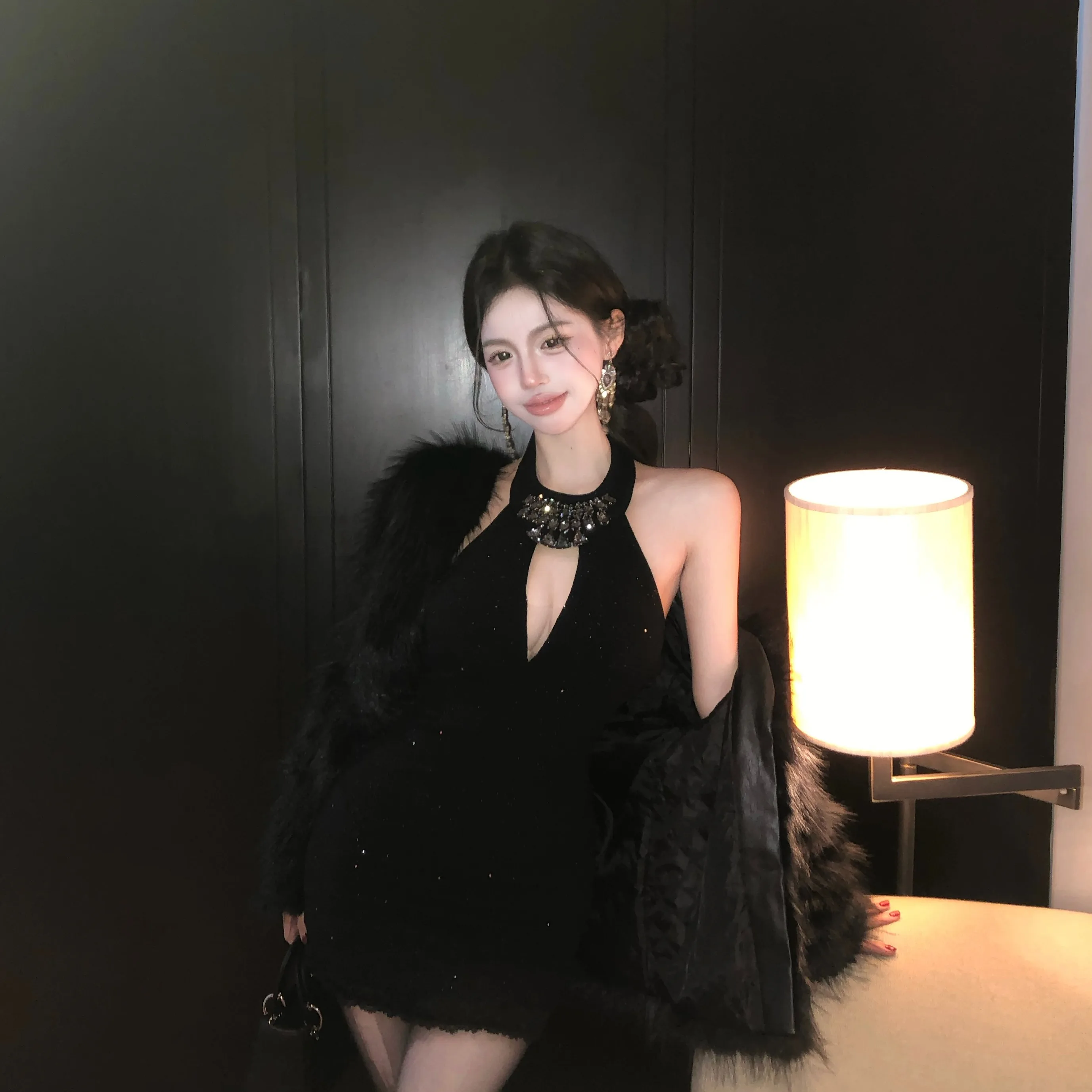 Sexy Trendy Girl Bodycon Dress Women's Autumn Winter New Style High Waist Short Skirt Bright Thread/Beading Commute Style