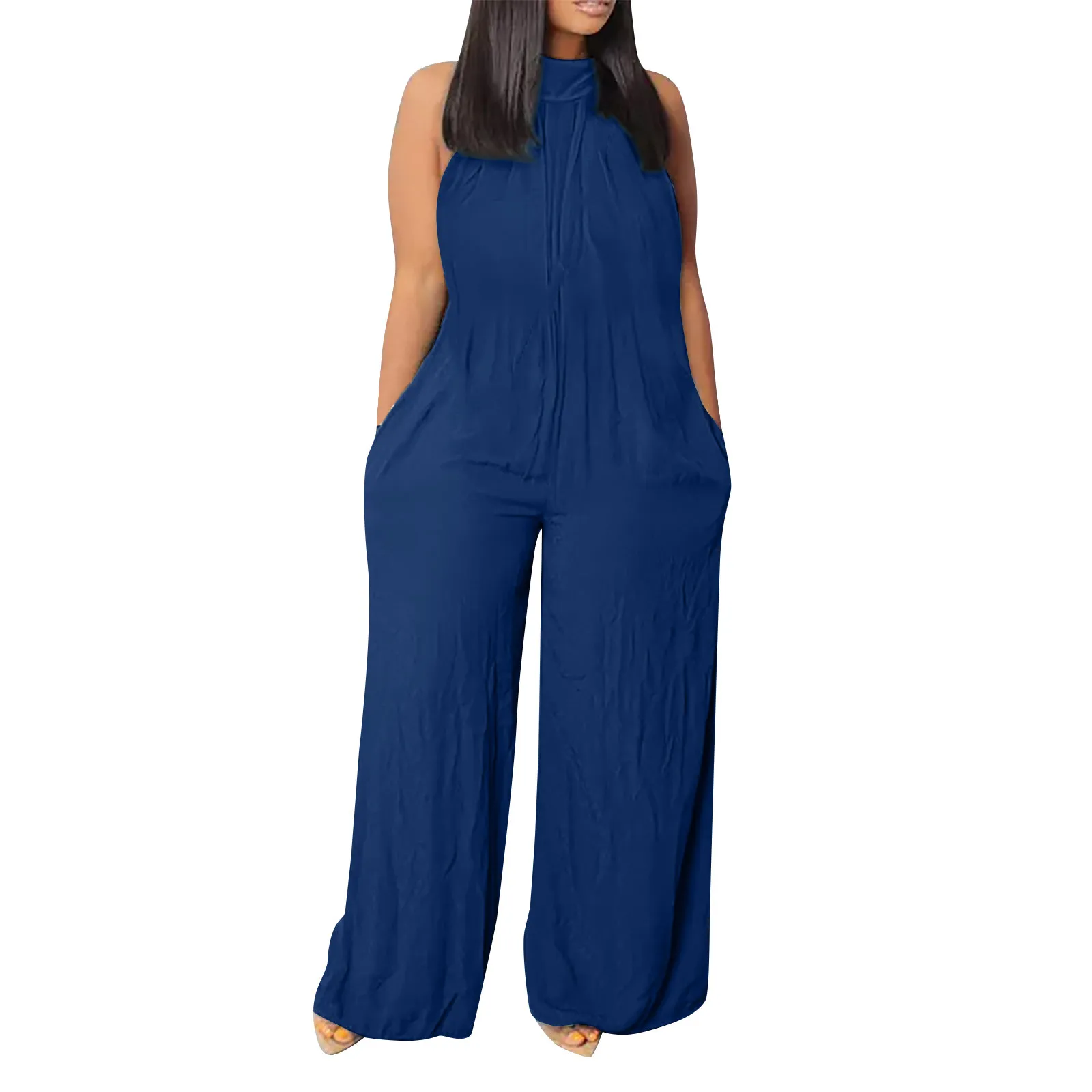 

Women's Plus Size Jumpsuit Summer Beach Sleeveless Solid Color Casual Jumpsuits Office Lady Wide Leg Pant Overalls Long Rompers