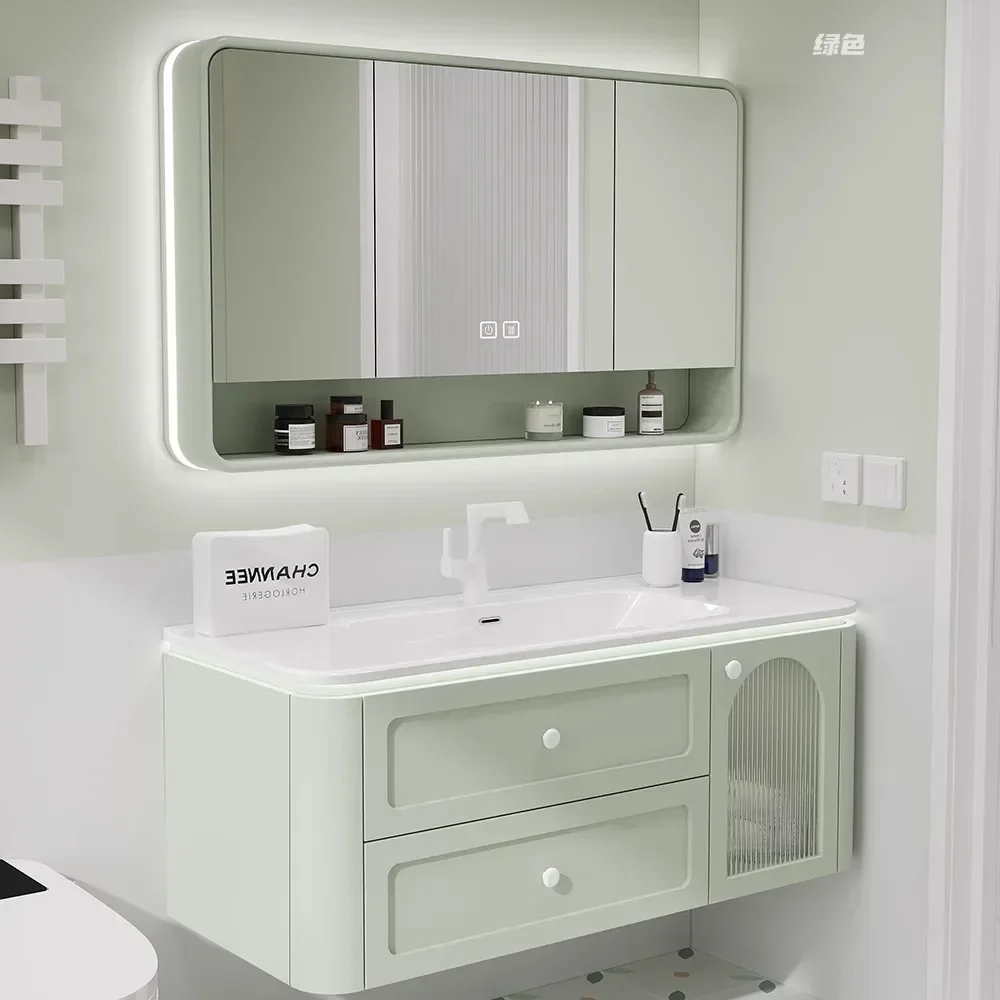 Pink Skin Sensor Oak French Bathroom Vanity Cabinet with Sink Mirror Integrated Ceramic Washbasin Combination Bathroom Furniture