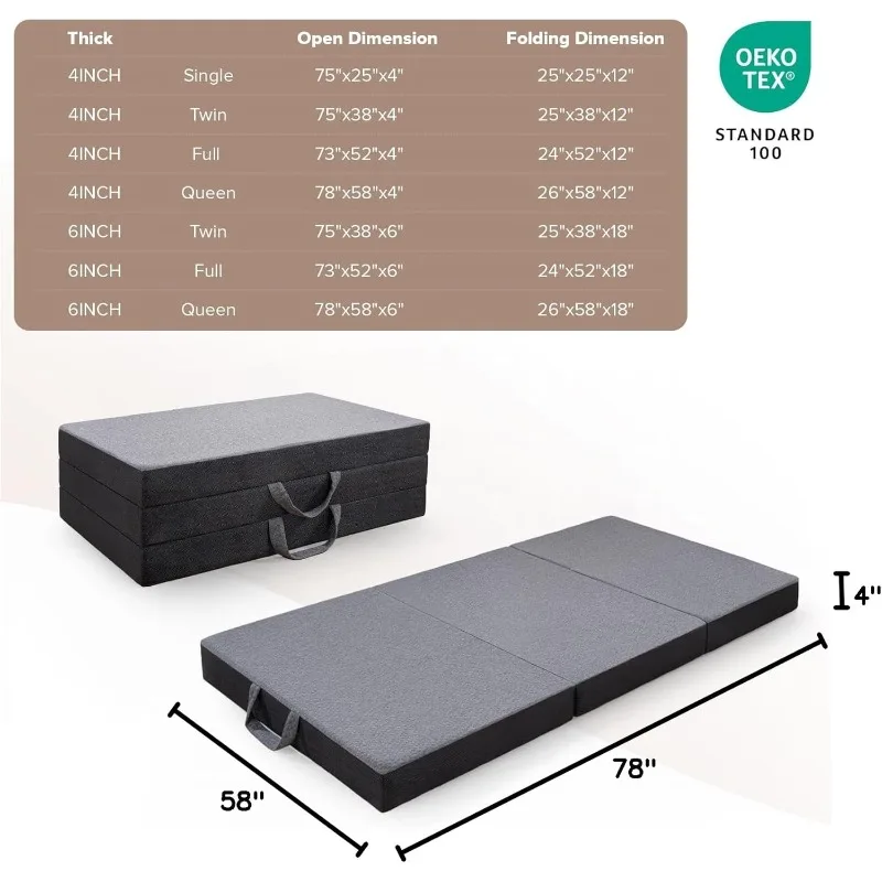 Queen Tri-Fold Mattress - 4 Inch Foldable Mattress for Travel/RV/Camping/Guest Room/Yoga, Tri-Fold Memory Foam Mattress