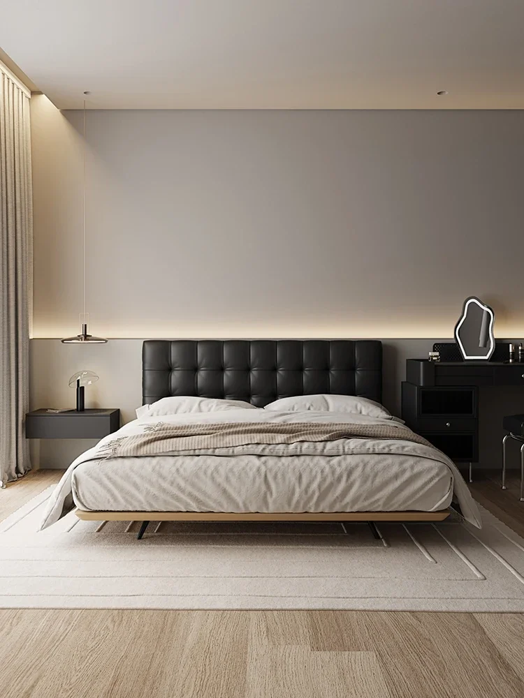 Italian minimalist leather bed, suspended black upholstered bed, retro cloud leisurely leather bed