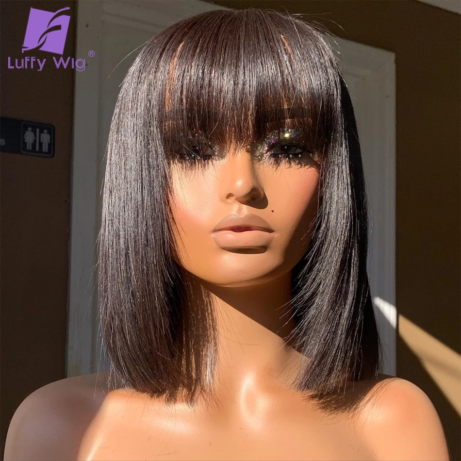 200 Density Short Bob Human Hair Wigs With Bangs Scalp Base Top Full Machine Made Wig Remy Brazilian Straight Bang Wig LUFFY