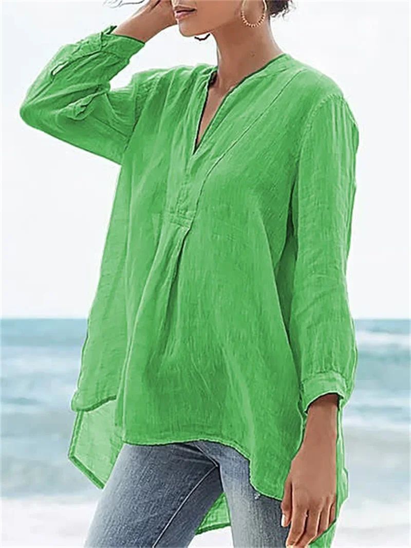 Simple Style Solid Color Loose V Neck Pullover Shirt Women Spring Autumn Comfortable Casual Blouse Female Long Sleeve Tops 2024