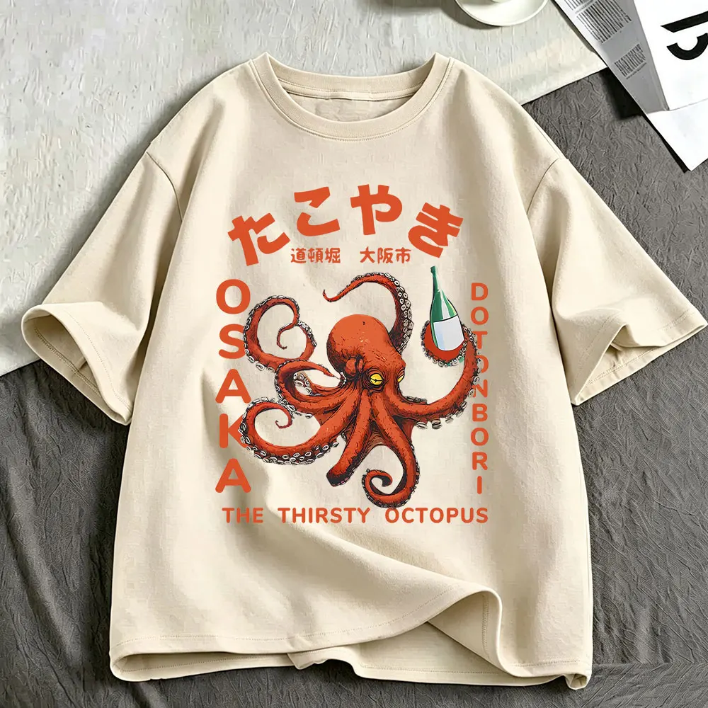 Osaka Dotonbori Drunken Octopus Funny Meme Japanese Style T Shirts Men's Clothing Cotton Casual Oversized Short Sleeve T-shirts