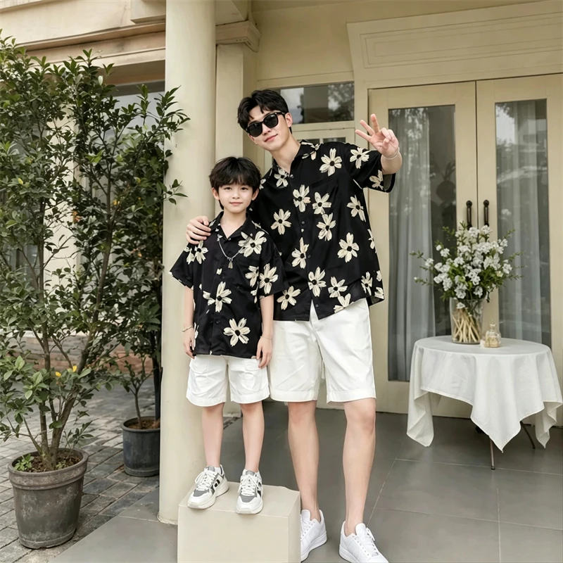 Beach Family Vacation Clothes Summer Korean Mom Daughter Boho Strap Dress Dad Son Floral Shirt Couple Look Photo Shoot Clothes