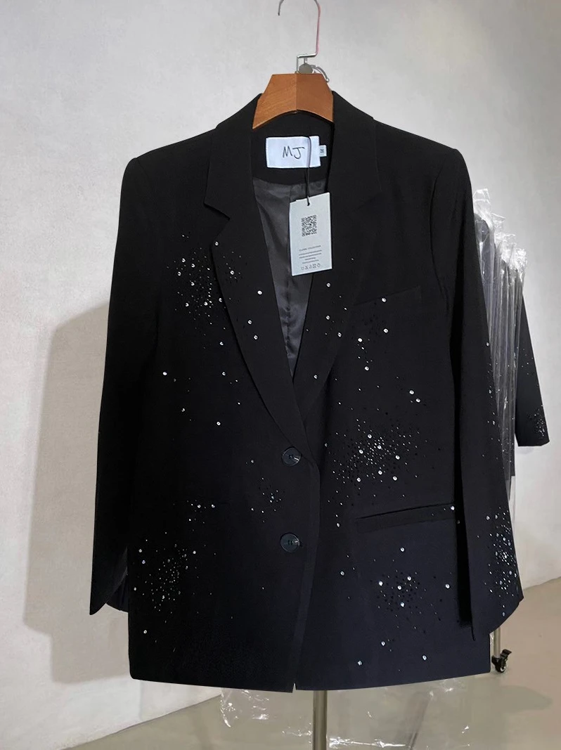 

Faionable ort Jaet Women's Heavy Work Rhinestone Western Sle Suit Spring 2025 Straight Cut Long Sve Polyester