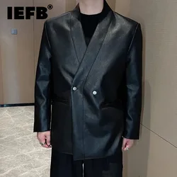 IEFB New Fashion Men's Balzers PU Leather Double Breasted Autumn Business Casual Solid Color Collarless Male Suit Jackets 9C7107