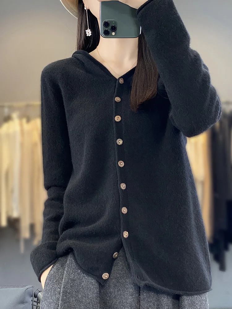 Felpe con cappuccio da donna 100% lana Merino maglione solido manica lunga Casual Cardigan allentato maglieria in Cashmere moda coreana nuovi top in maglia