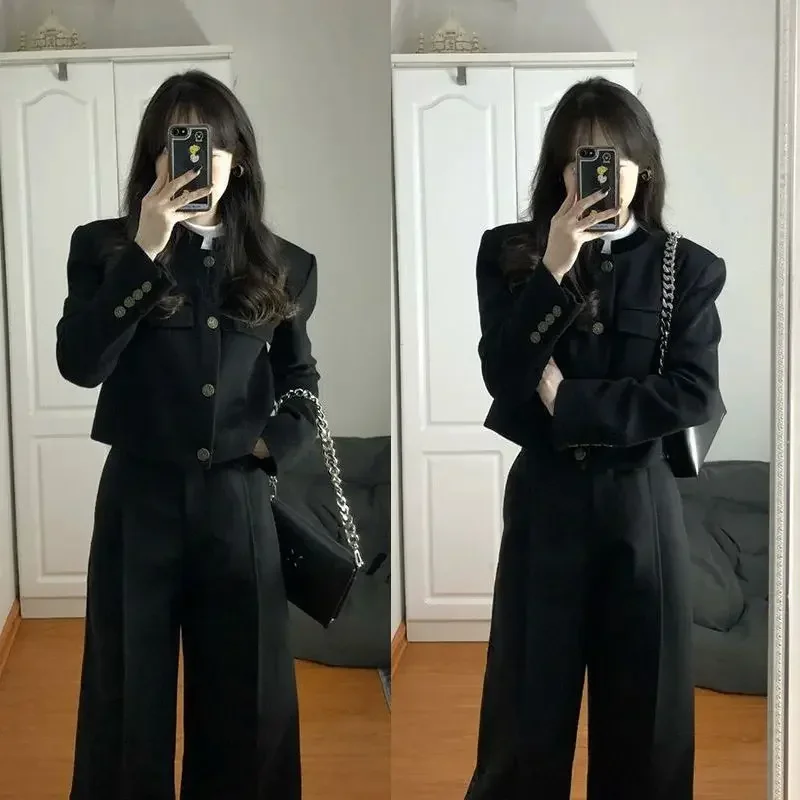 Black Two Piece Sets Women Outifits 2023 Autumn New Long Sleeve O Neck Cropped Blazer Coat + High Waisted Wide Leg Pant Suits