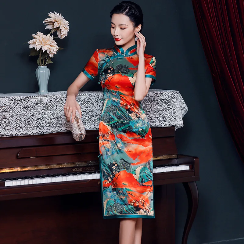 High Quality High-End Real Silk Cheongsam Qipao 2024 New Women's Retro Improve Chinese Style Dress Mid-Length Formal