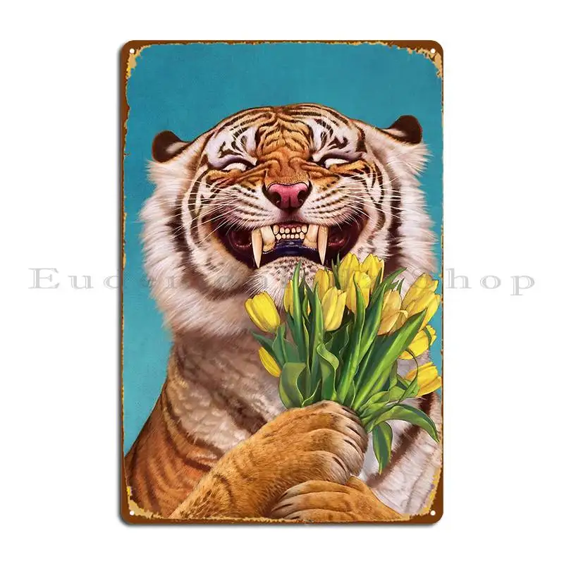 Smiling Shy Tiger Holding Bouquet Tulip Metal Plaque Poster Rusty Print Living Room Create Party Tin Sign Poster