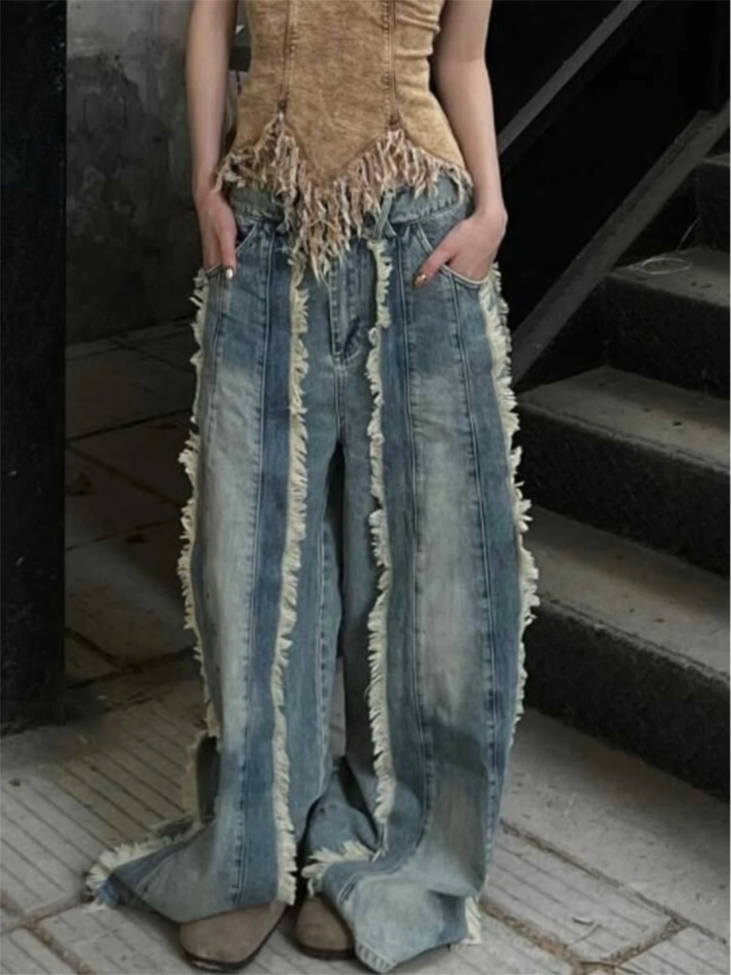 Women's High Waist Wide Leg Blue Jeans Fringe Trim Distressed Vintage Washed Y2K Streetwear Denim Trousers