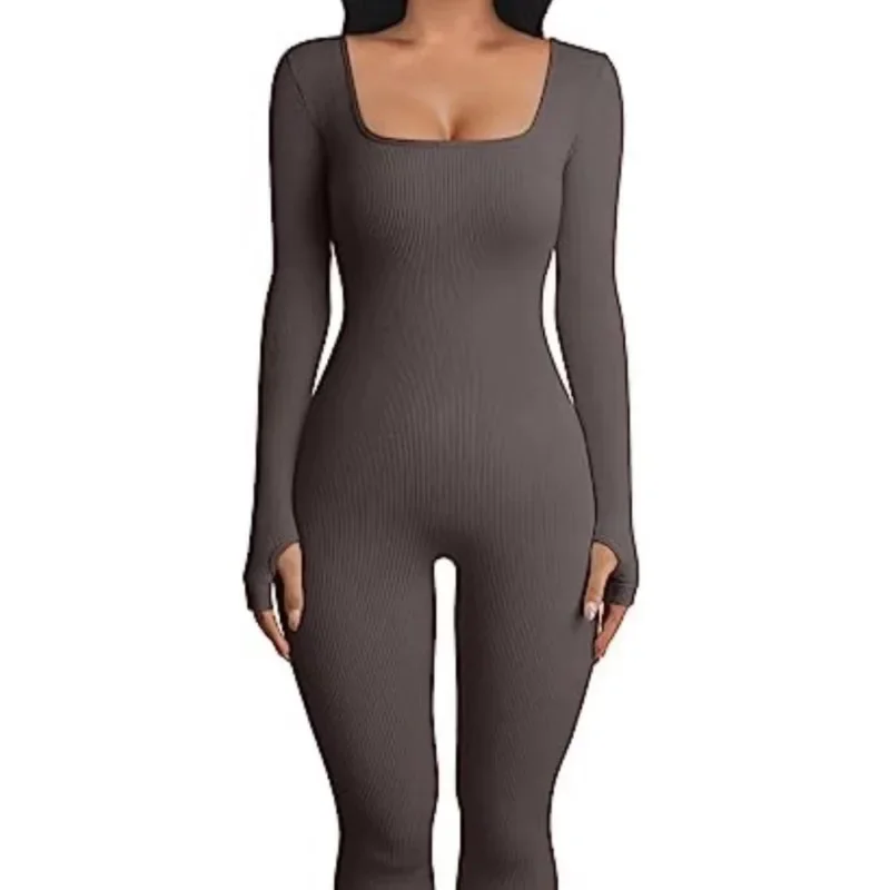 Fashion Square Neck Design Yoga Jumpsuits Workout Ribbed Long Sleeve Sport Jumpsuits Plus Size Women Party Clothing