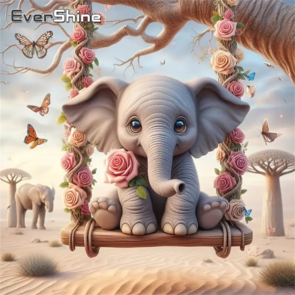 Evershine 5D Diamond Painting Elephant DIY Picture Of Rhinestones Rose Flower Embroidery Animal Home Decor Cartoon