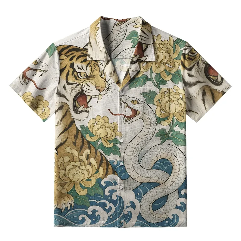 

Hawaiian Shirt Man Holiday Casual Loose Beach Fashion Tiger Printed Shirt Hawaii Funny Oversized Breathable Buttons Clothes Tops