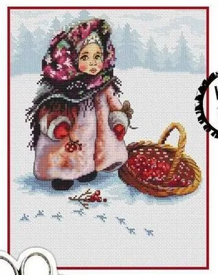 

Lovely Counted Cross Stitch Kit Russian Winter Girl Child and Cherry Red Fruits in Snowy Day