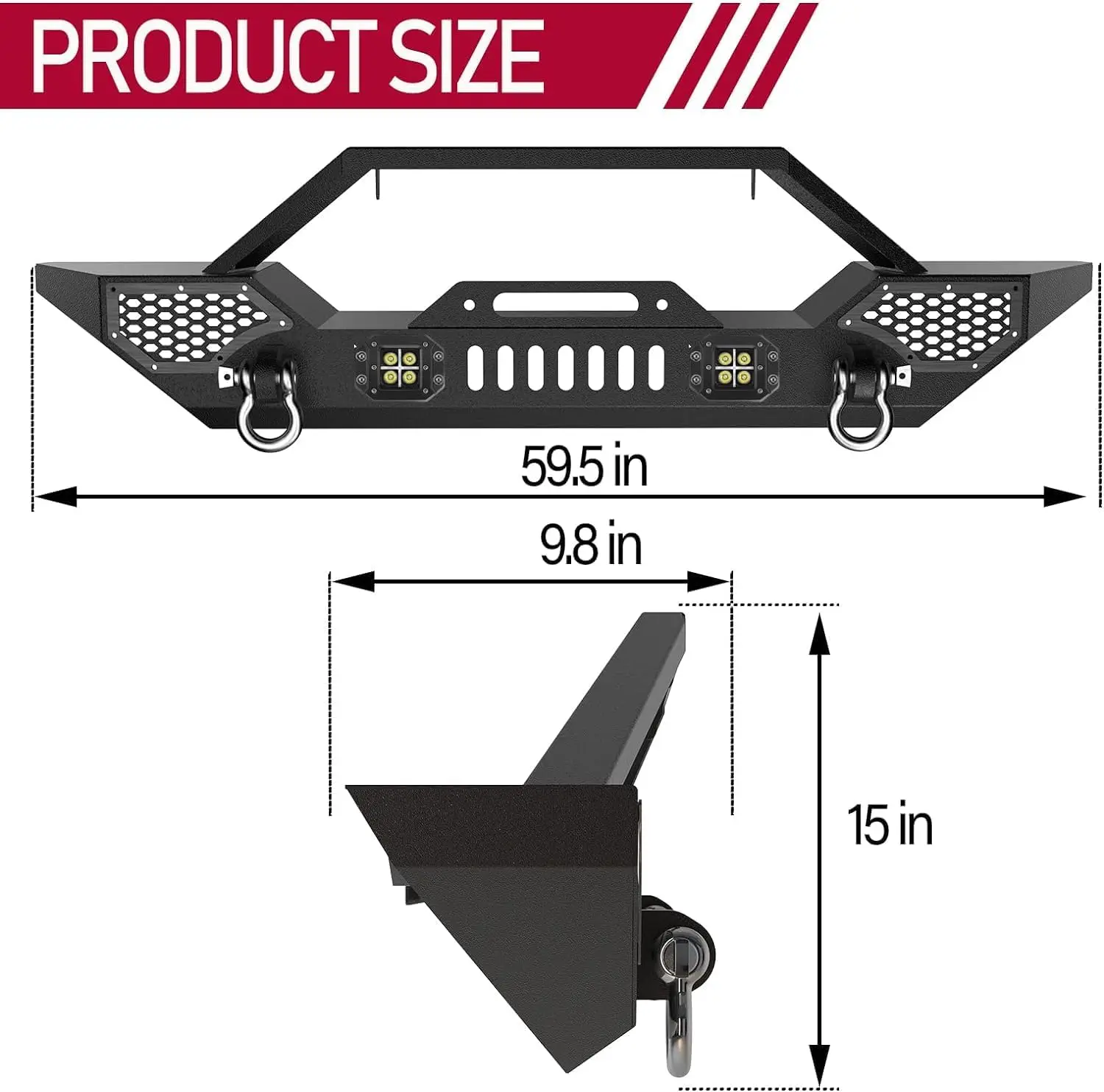 Front Bumper Compatible with 1997-2006 Wrangler TJ (2/4 Door), Heavy Duty Off-Road Steel Bumper w/ 2 LED Lights, Full Width Black Rock Crawler Style
