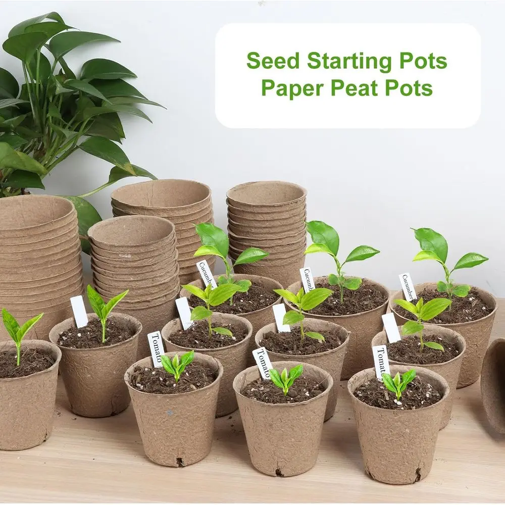 Organic 3.15 Inch Round Peat Pots with Drainage, 131-Count Seedling Starter Trays, Plant Labels Included