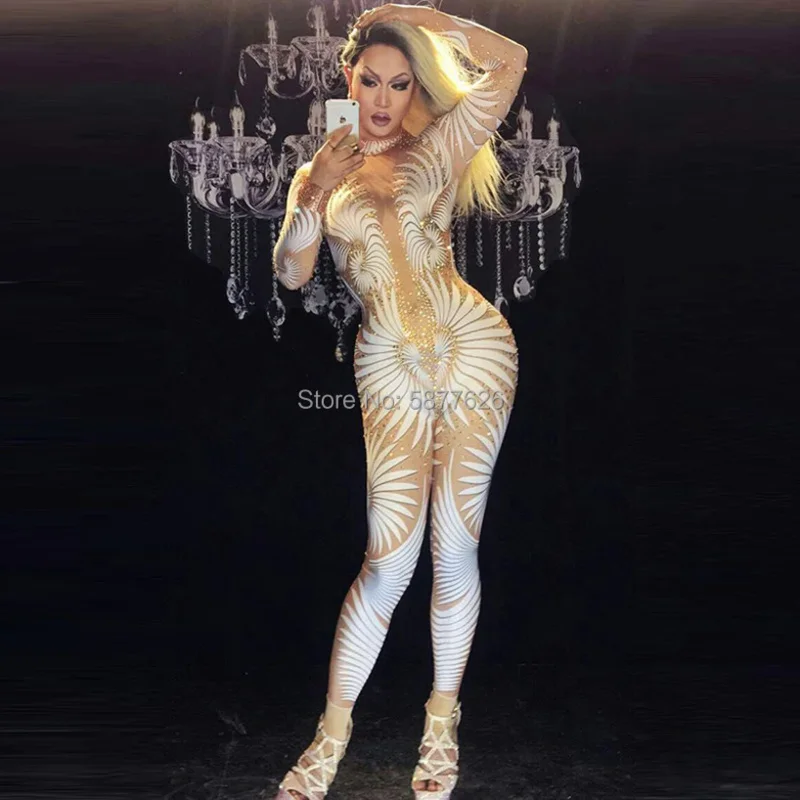 Sexy Geometric patterns Jumpsuit Sparkly Stones Bodysuit Stage Wear bar singer women dance costume