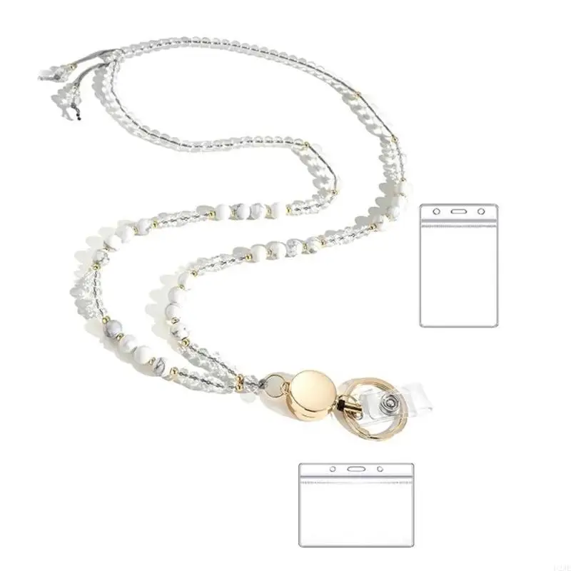 U2JE Retractable Lanyard Natural Stone Lanyard Untuk Kunci Dan Lencana Dapat Ditarik Manik -manik Batu Alam Lanyard Untuk