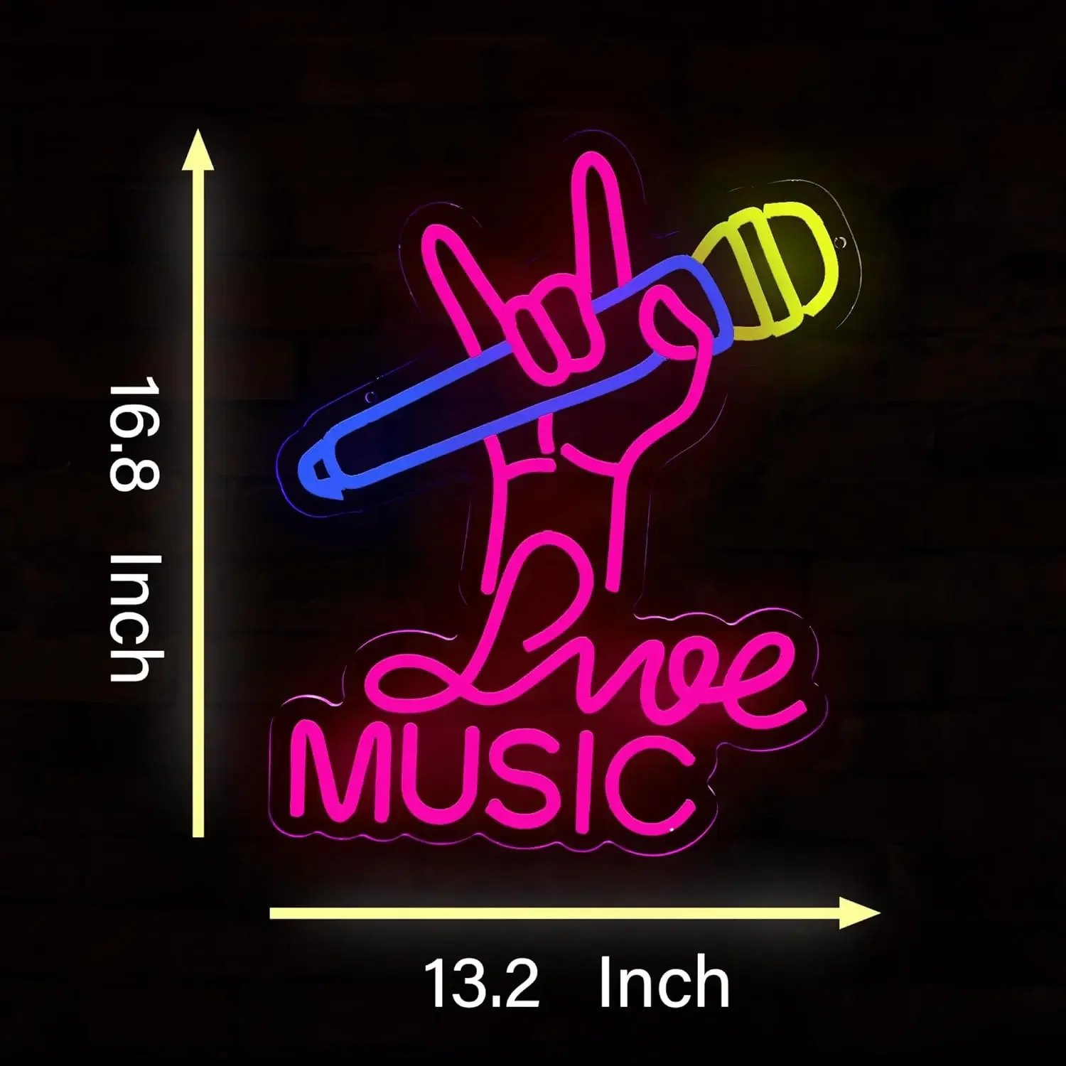 Live Music Neon Sign with Rock Hand Gesture and Microphone LED Wall Art for Bar Cafe Music Studio Decor Vibrant Lighting Gift