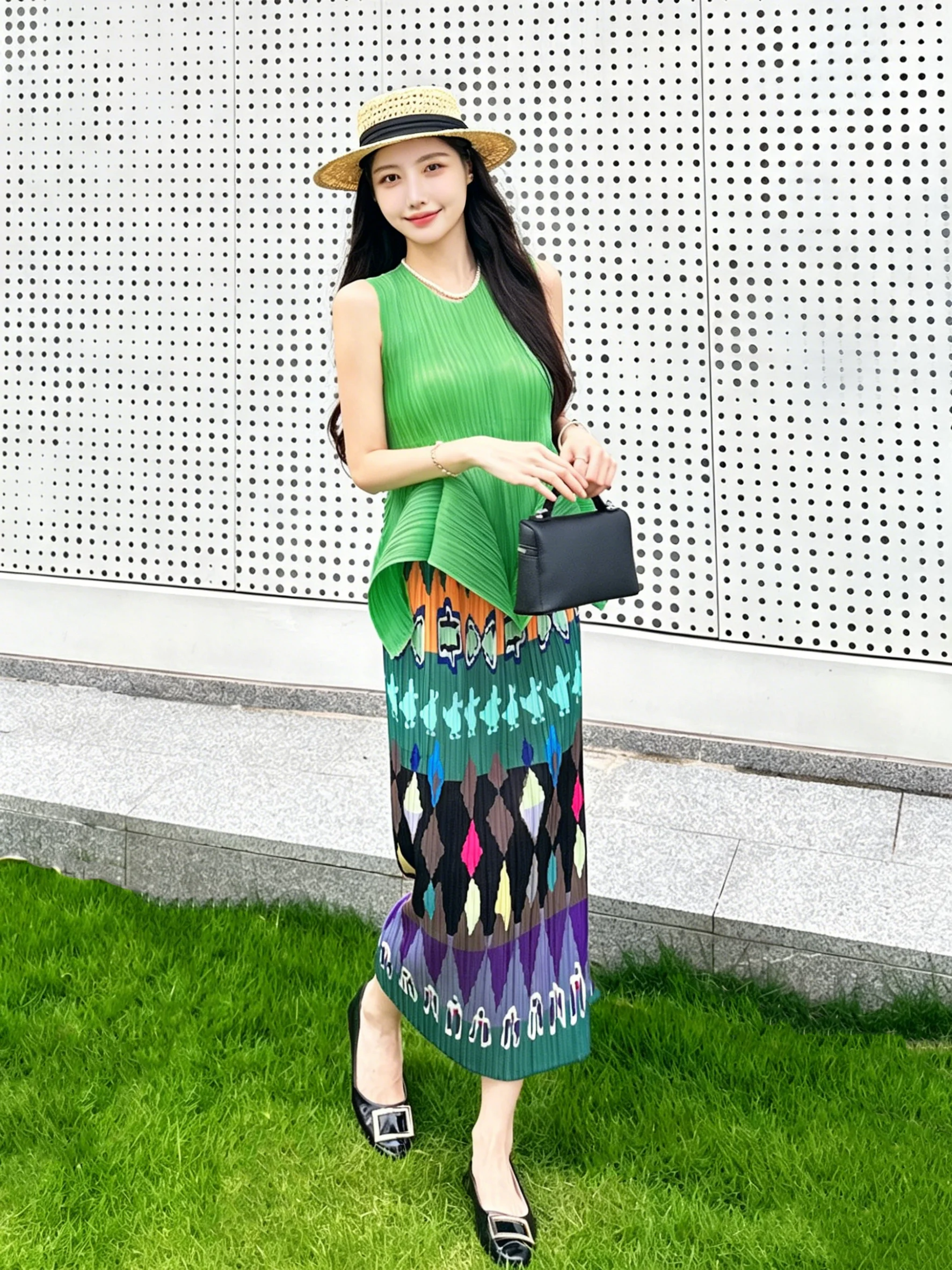High Waist Midi Skirt Women's Green Geometric Print Pleated Straight Cut Skirt Fashionable Versatile Polyester Fabric Skirt