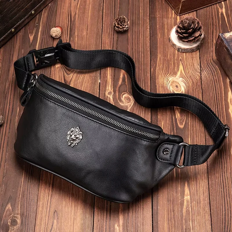 Genuine Leather Fashionable Black Waist Men Pack Sling Crossbody Bag For Workout Travel Outdoor Sports Running Phone Bag