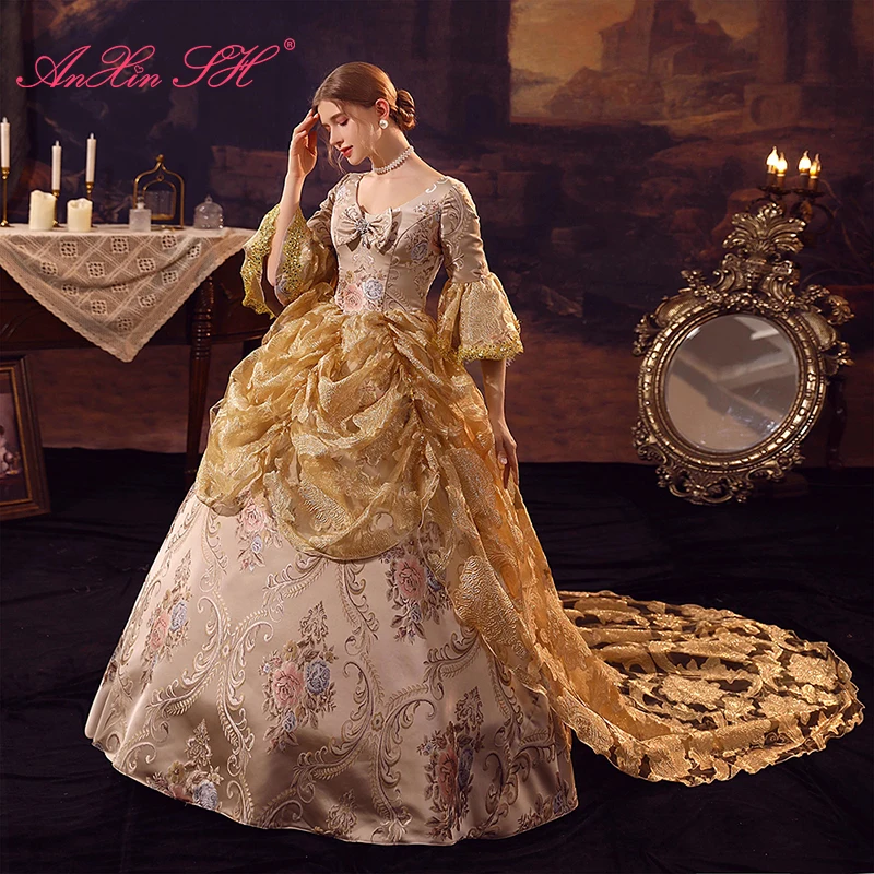 

AnXin SH vintage princess golden flower satin beading bow performance v neck flare sleeve ball gown customized Prom Dresses