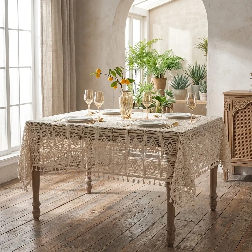 1pc Hollow Lace Tablecloth With Tassel Edges Synthetic Fiber Dust Cover For Home Dining Room Kitchen Decoration
