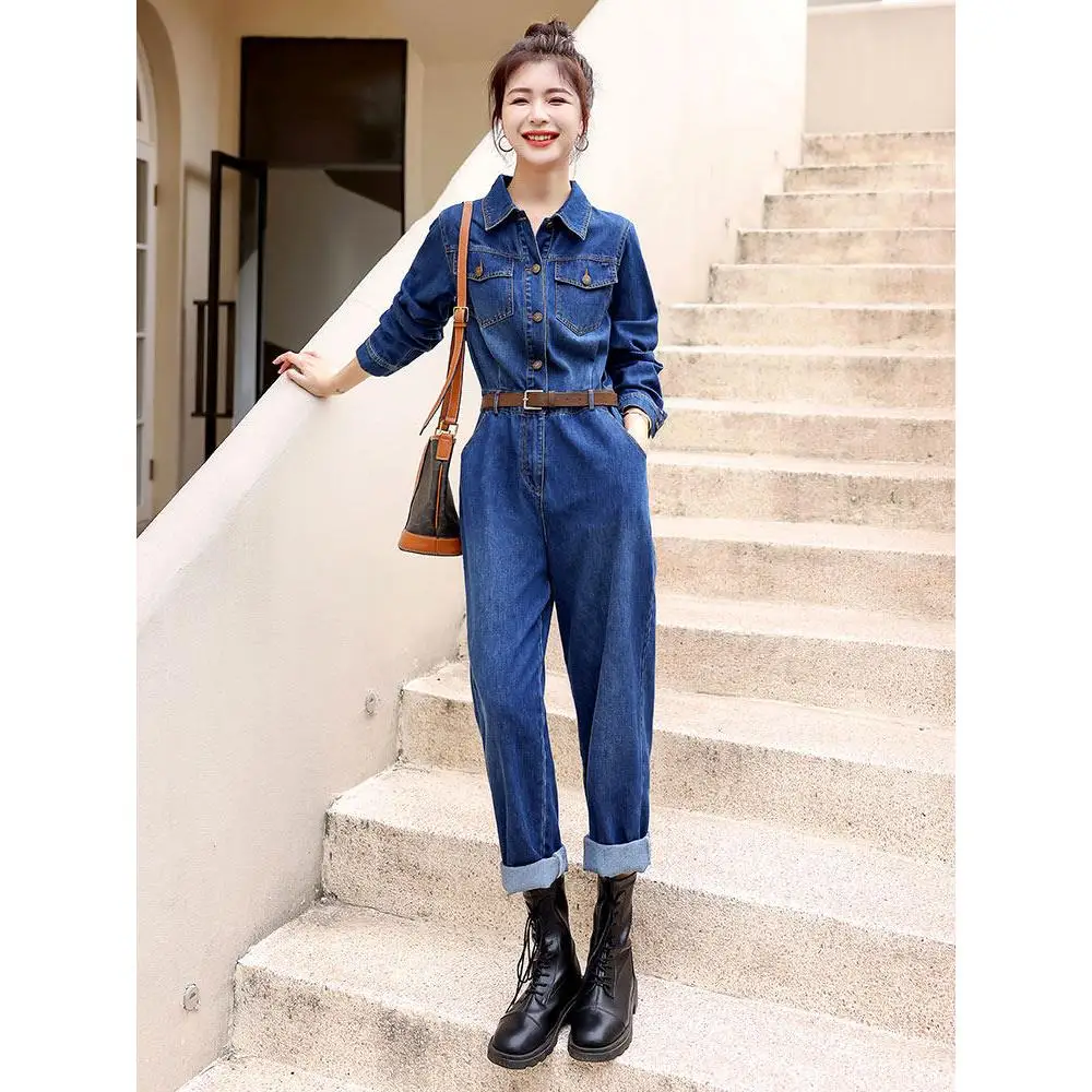 

Ele Women's Denim Overalls Spring Autumn Workwear High Waist Long Pants Comfortable Fabric Commute Sle Faionable