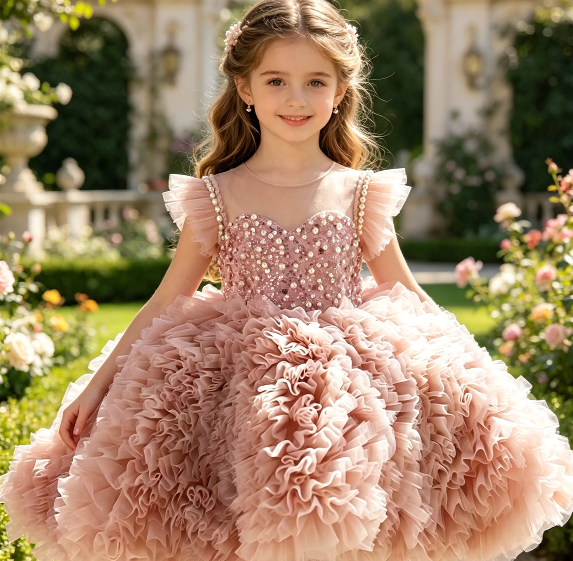 Maßgeschneidertes Blumenmädchenkleid für die Hochzeit, Perlen, glitzernder Tüll, knielang, hohe Taille, für Kindergeburtstag, Party, Erstkommunion