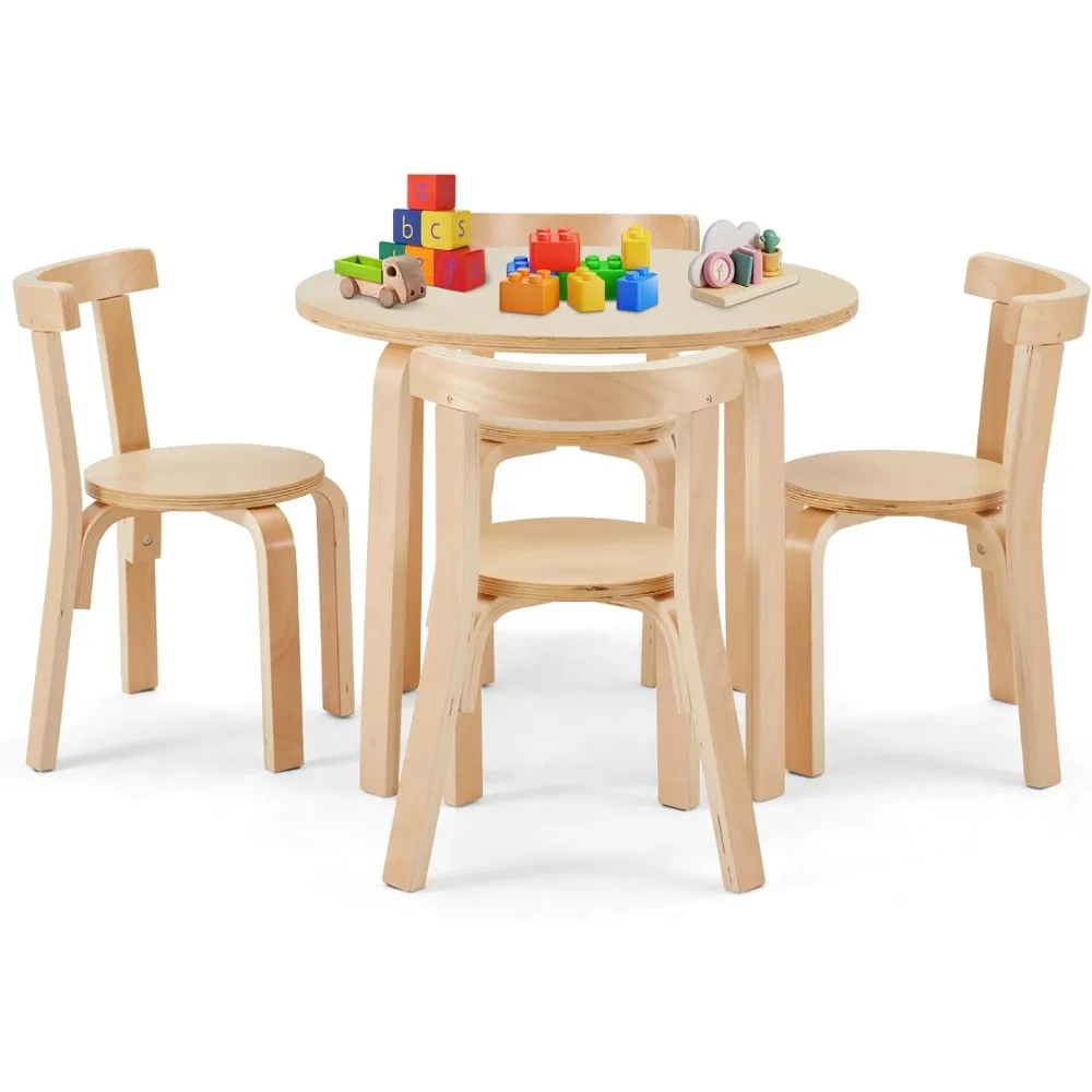 Kids Table and 4 Chairs Set - Round Table and Chair Set for Children, EN71 Certified, Birch Veneer - Wooden Dining Play Set