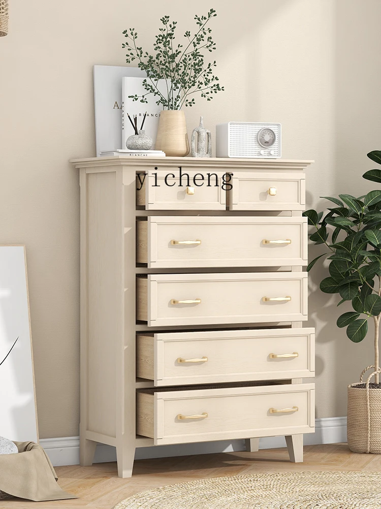 Yy Solid Wood Chest of Drawers Storage Cabinet Milk Coffee Color 7-Drawer Cabinet Locker Bedroom