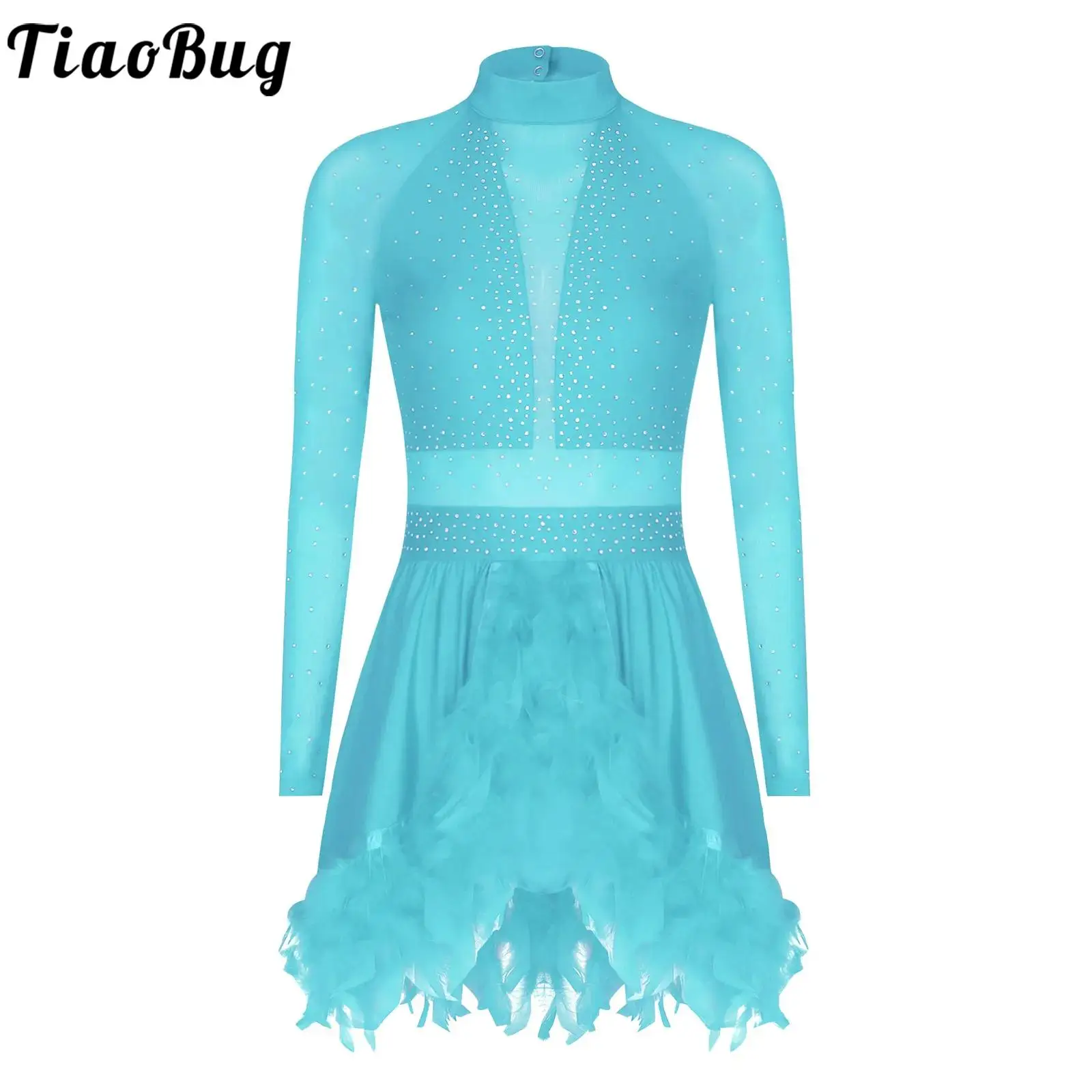 

Women Latin Dance Dress Jazz Tango Leotards Samba Rumba Dancewear Rhinestones Sheer Mesh Long Sleeve Back Cut Feather Hem Dress
