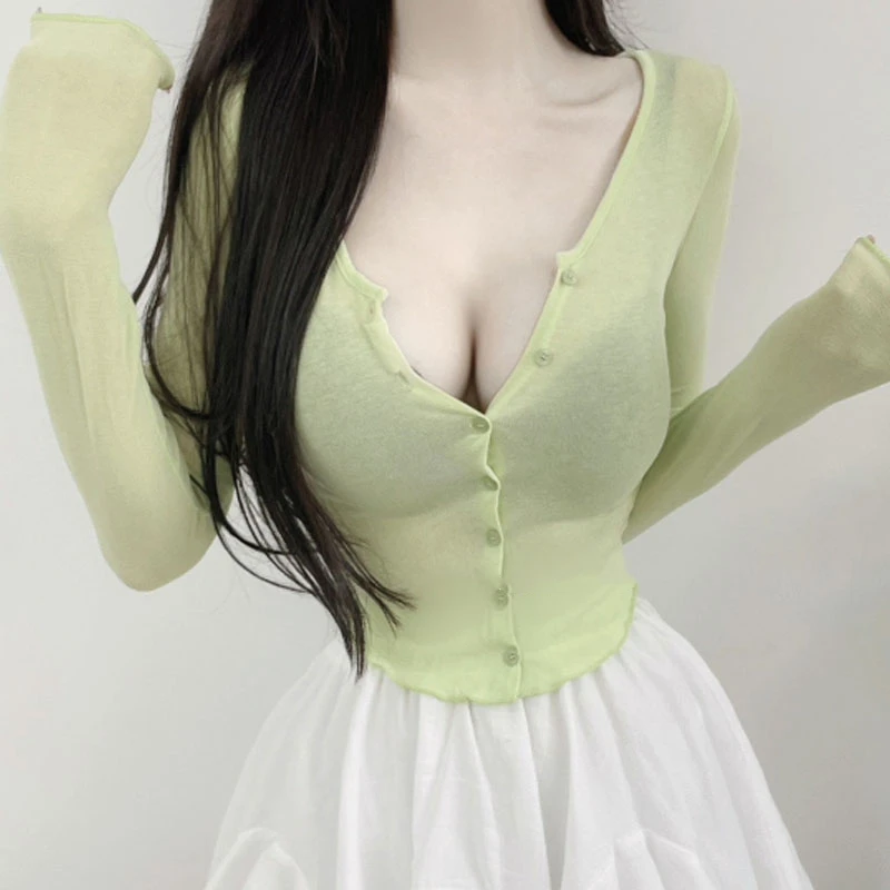 Autumn Winter Sexy Fce V-Ne Open Cardigan Women's Slim Fit Base irt Breathable Comfortable Korean Sle Pure Color Top