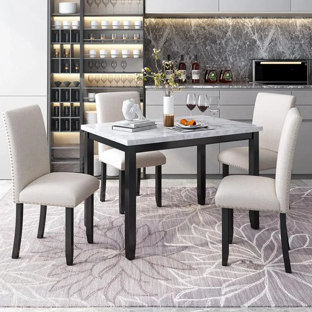 

5-piece dining table set, artificial marble tabletop, and 4 thick cushioned chairs for restaurant furniture, white and black