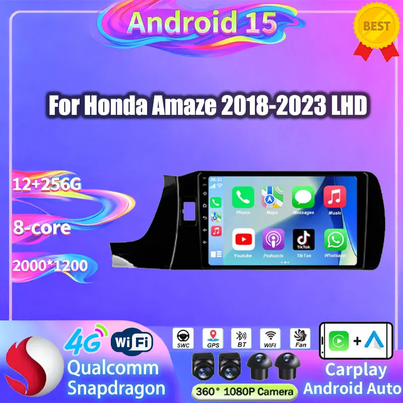 Android 15 Car Radio For Honda Amaze 2018 - 2023 BRV 2022 - 2023 Wireless Carplay Auto Multimedia Video Player Navigation stereo