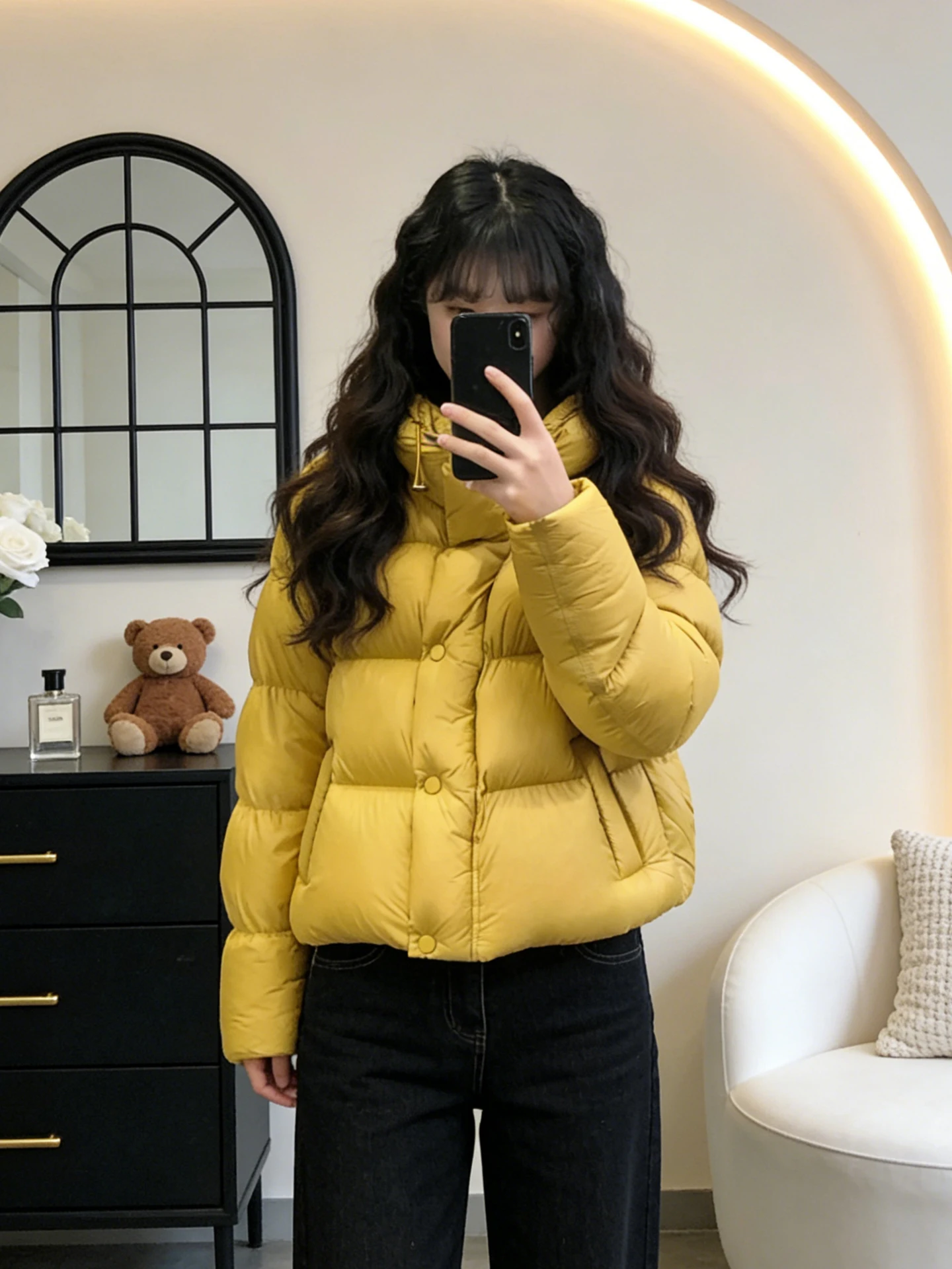 

Korean Sle Women's ort Cotton Jaet Yellow Loose Fit Winter Warm Coat Thiened Hooded Casual Outerwear for Cold Weather