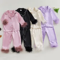 RUEWEY 1 to 5 Years Little Girl Satin Pajama Sets Spring Autumn Clothes Fuzzy Long Sleeve Button Down Tops Elastic Waist Pants