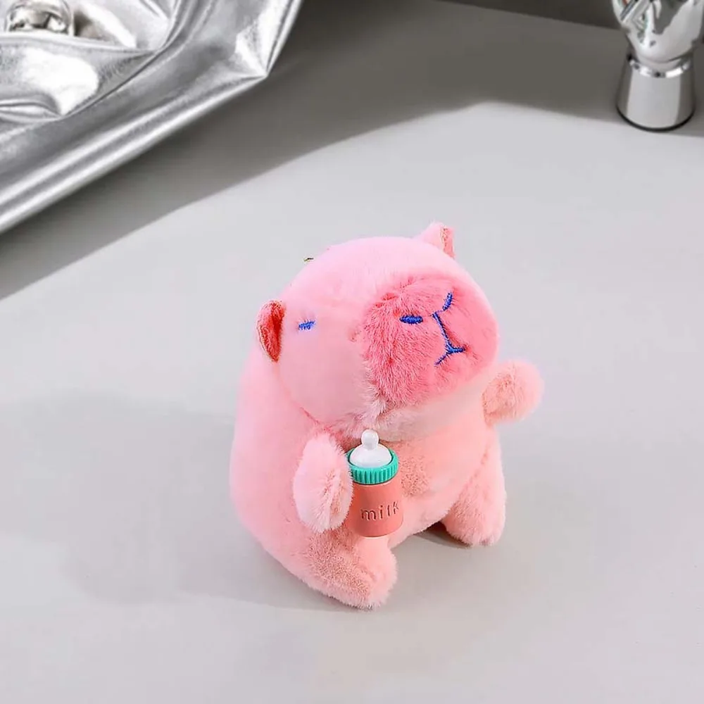 2pcs/set Soft Pink Capybara Key Ring Funny Feeding Bottle Plush Capybara Pendant PP Cotton Kiwifruit Cartoon Animal Keychain