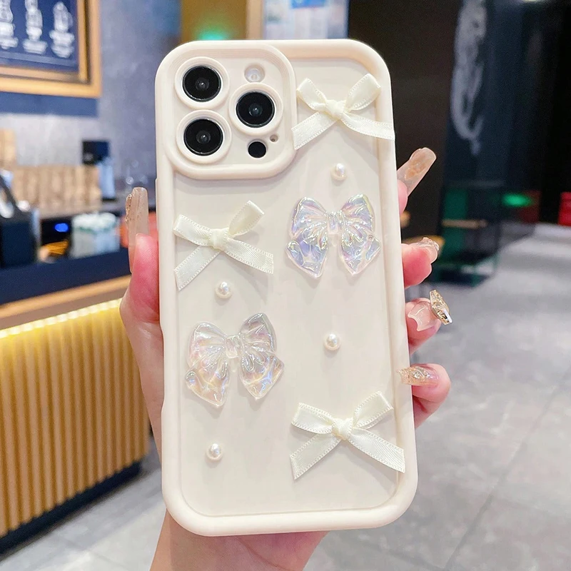 

Чехол для телефона с 3D бантом и жемчугом для iPhone 17, 16, 15, 14, 13, 12, 11 Pro Max 16E XS X XR 7 8 Plus, силиконовый мягкий чехол