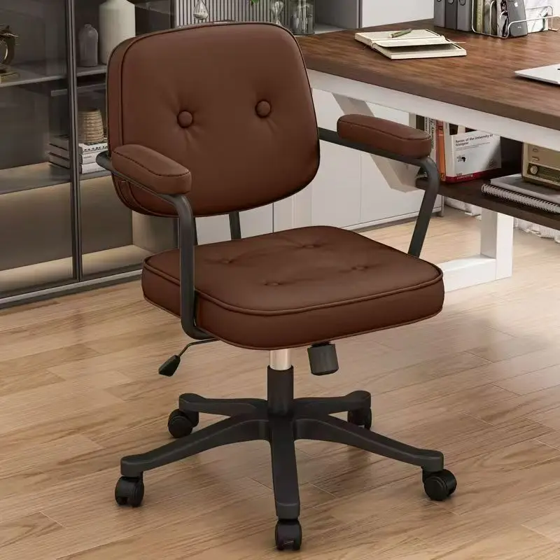 Vintage Brown Faux Leather Office Chair Swivel Rolling Adjustable Height Tufted Computer Desk Chair With Armrests Home Office