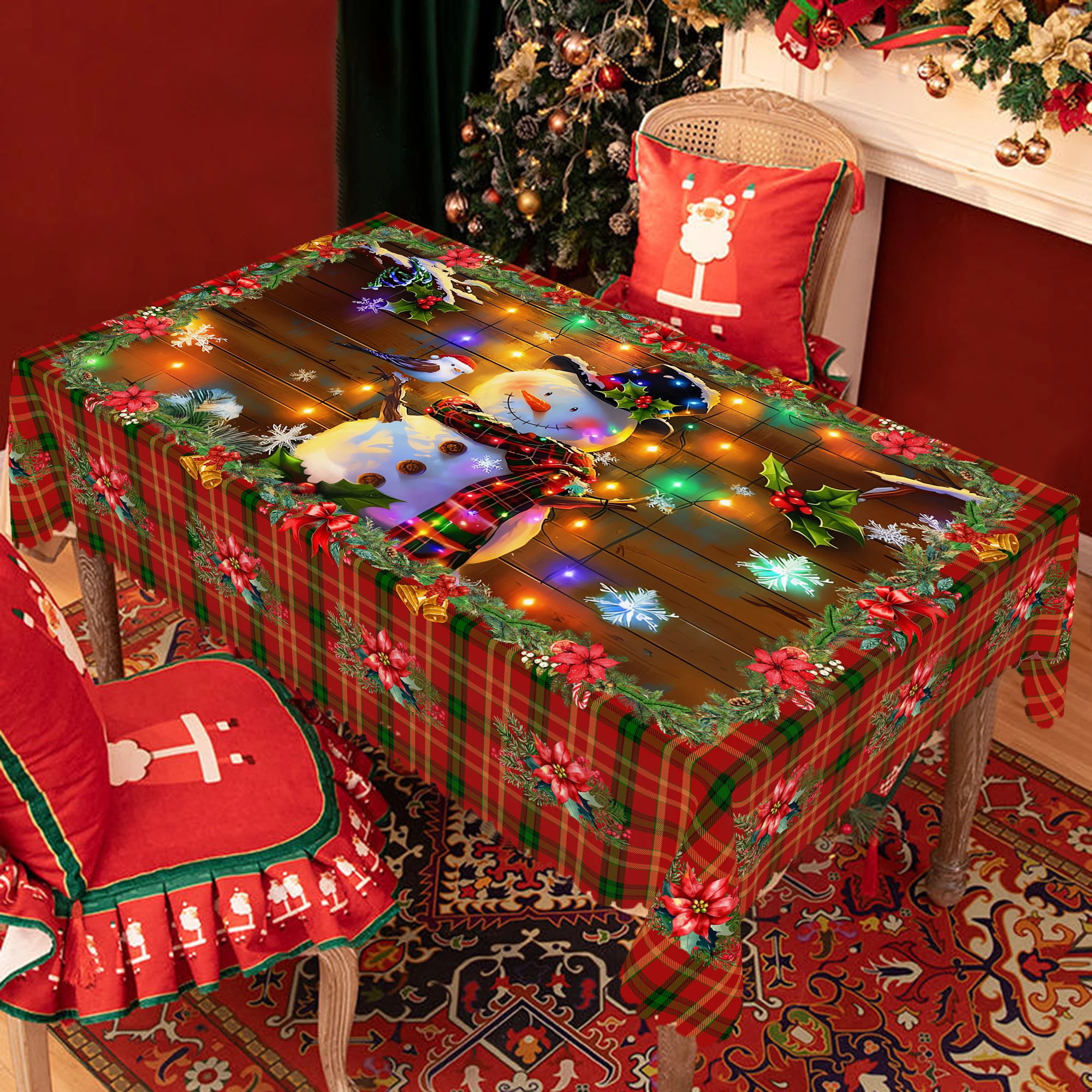 1 Piece of Christmas Round and Rectangular Tablecloth, Available in Various Sizes, Cute Christmas Snowman Scene Print Design, Red Plaid Tablecloth, Suitable for Daily Use in Home Kitchens, Patio Tablecloths, Gift