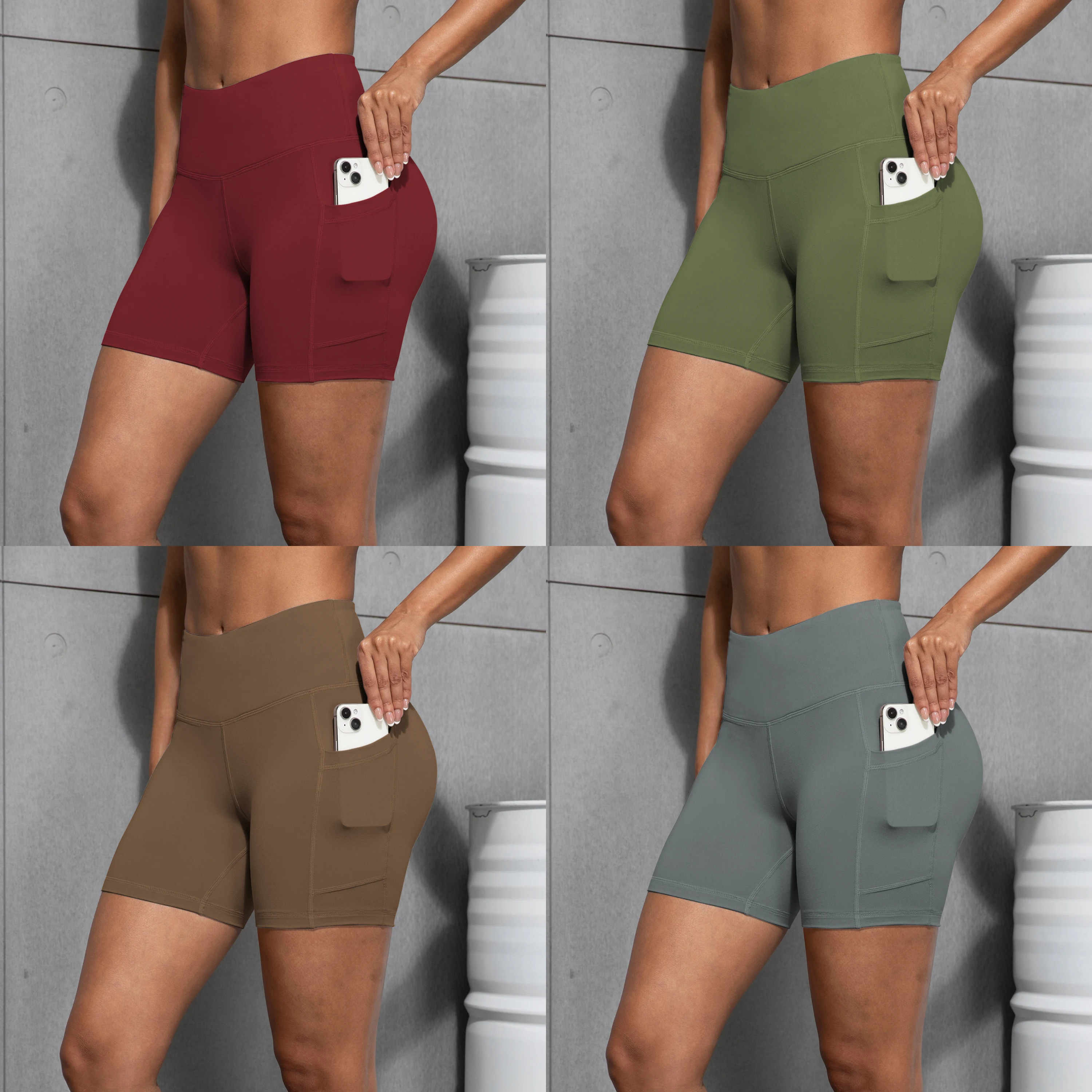 10 Types High Waist Push Up Women's Worker Shorts With Pockets Soild Color Yoga Shorts Fitness Casual Outdoors Workout Shorts