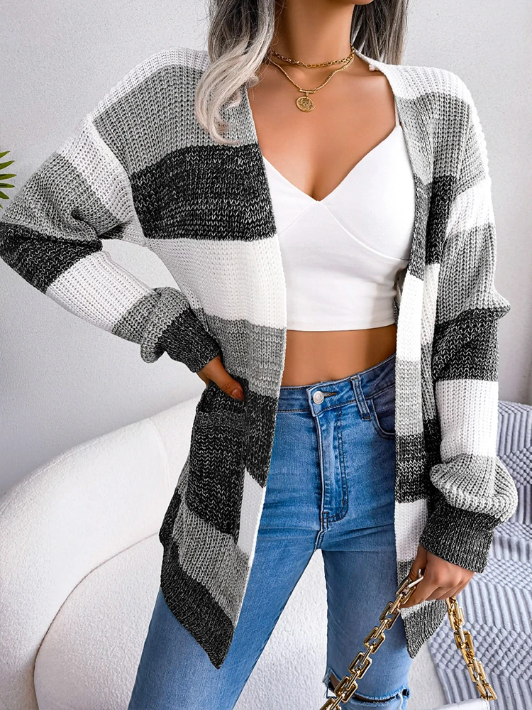 

Elegant Knitted Sweater Women Stylish Contrast Color Plaid Striped Cardigan Female Casual Loose Warm Long Sleeve Ladies Knitwear