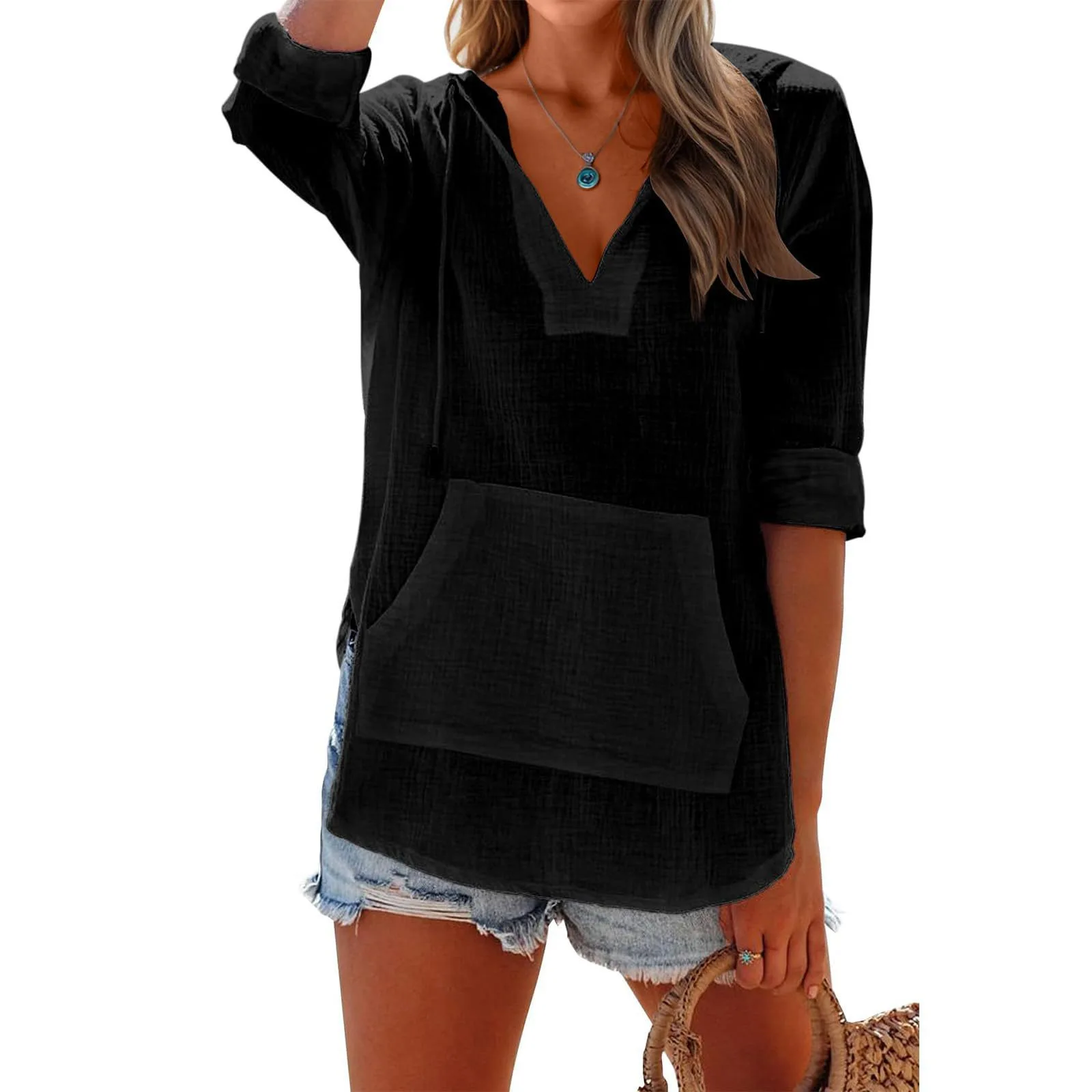 Ropa De Mujer Summer Beach Cover-up Hoodie Women's Beach Vacation V-neck Long-sleeved Sports Thin Sweatshirt Abbigliamento Donna