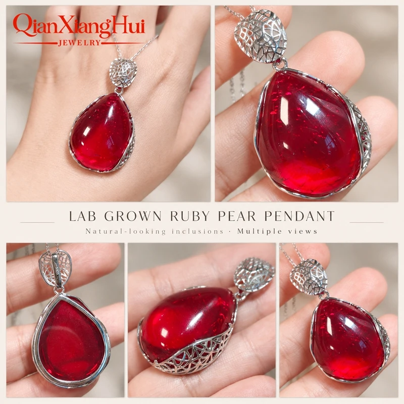 925 Sterling Silver Pear Cabochon Pendant Necklace 24*30.5mm Flat Back Lab Grown Ruby With  Inclusions Smooth Gemstone Jewelry