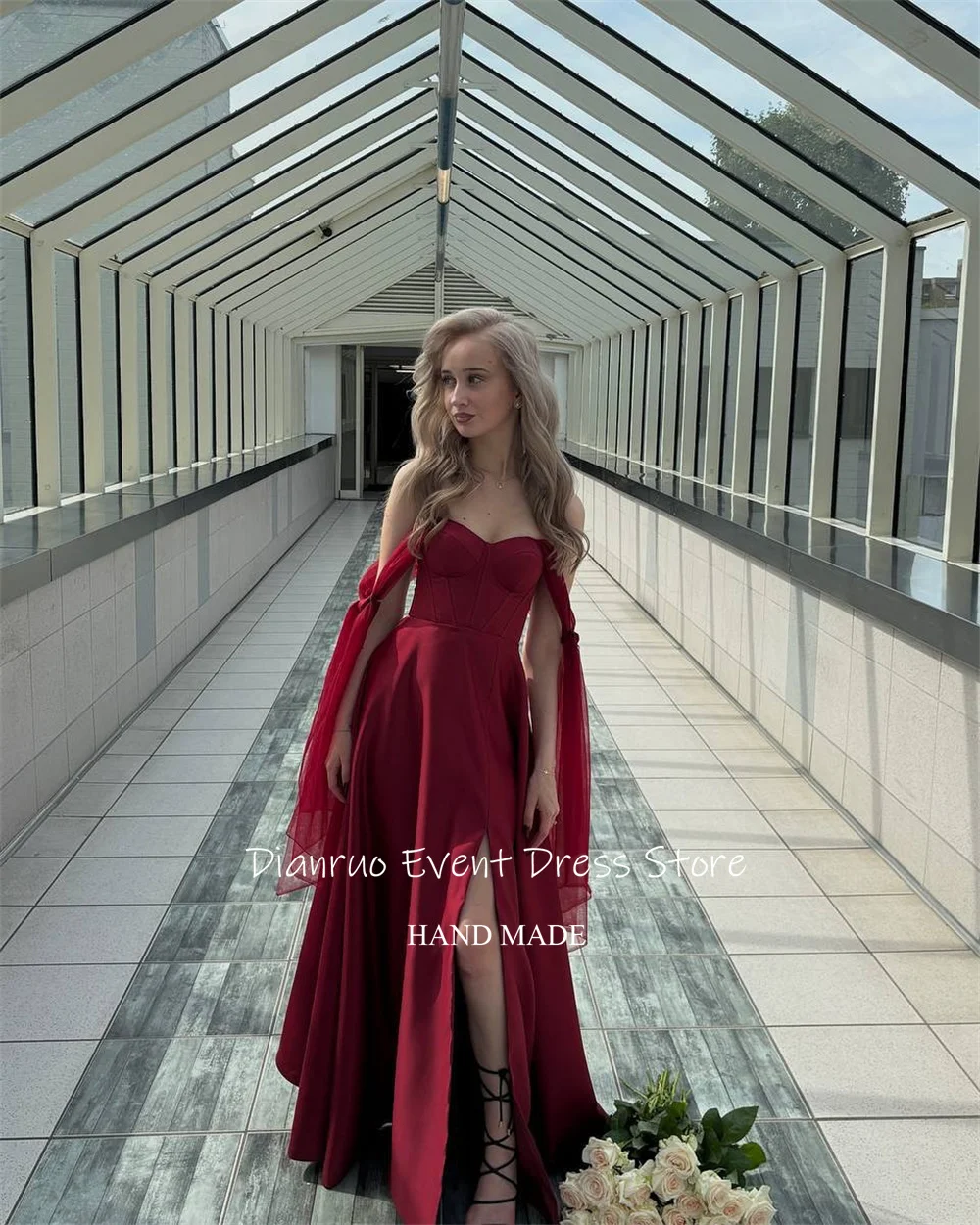 Dianruo бордовое вечернее платье с высоким разрезом, стильное прозрачное тюлевое платье с рукавами, Vestidos De Fiesta, шикарное вечернее платье с открытыми плечами по индивидуальному заказу
